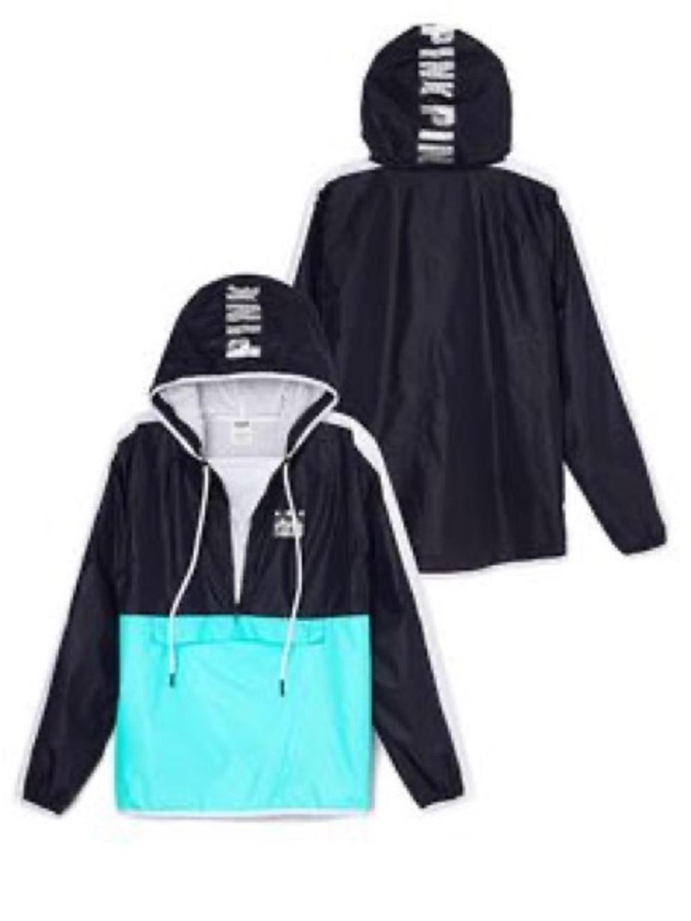 PINK Victoria’s Secret Colorblock Packable Windbreaker Jacket XS Black Aqua